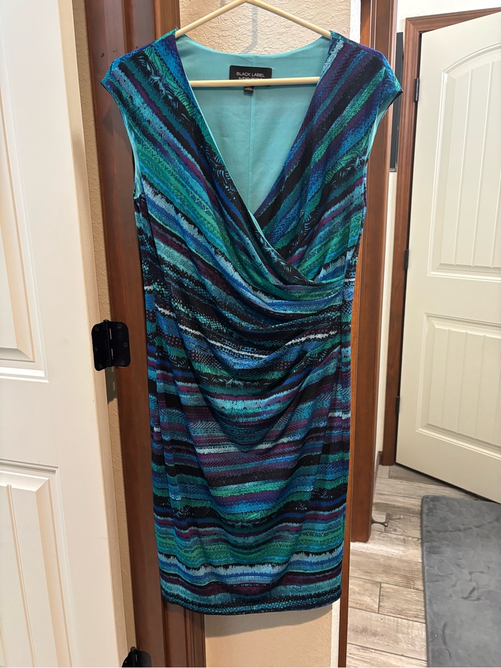 Evan Picone Teal and Blue Striped Faux-Wrap Midi Dress